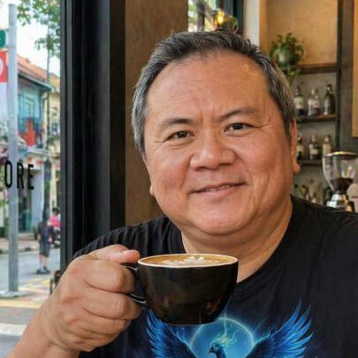 Timothy Tan enjoying a cup of coffee at a Singapore café.